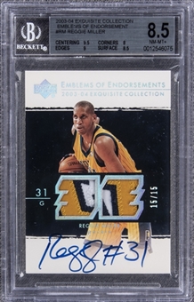 2003-04 UD "Exquisite Collection" Emblems of Endorsement #RM Reggie Miller Signed Game Used Patch Card (#15/15) – BGS NM-MT+ 8.5/BGS 10